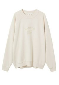 Beige Sweatshirt aus weichem Stoff. Verfügt über einen Rundhalsausschnitt, Raglanärmel und bestickten Text "MAJESTIC Royal Tennis Club SPORTS" auf der Vorderseite.