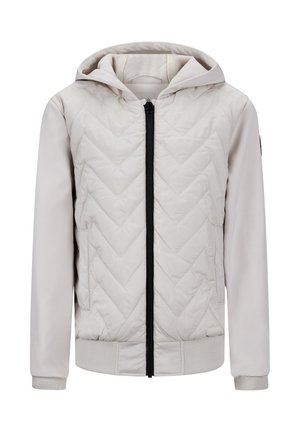 Lichtbeige hoodie met een gewatteerde voorkant in een chevronpatroon, zwarte rits, ribgebreide manchetten en tailleband. Soepele textuur en casual ontwerp.