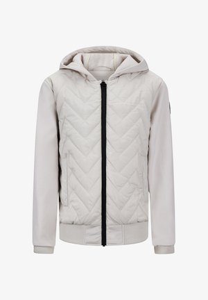 Hellbeige Kapuzenjacke mit einem gesteppten Vorderteil im Zickzackmuster, schwarzem Reißverschluss, gerippten Bündchen und Saum. Glatte Textur und lässiges Design.