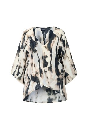 Løs bluse med sorte og beige abstrakte striber, V-hals, vide ærmer og asymmetrisk lagdelt kant.