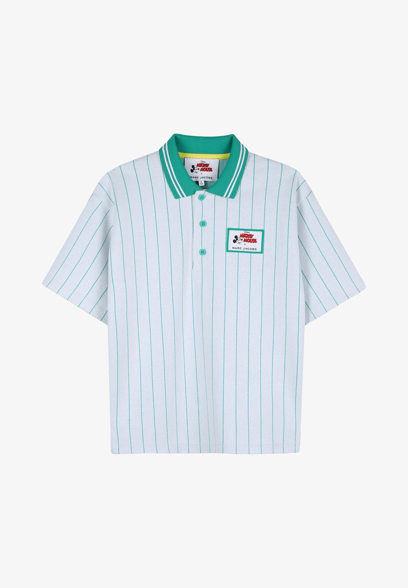Polo bianca a maniche corte con strisce verdi verticali, colletto verde con strisce bianche e toppa con il logo Mickey Mouse di Marc Jacobs sul petto.