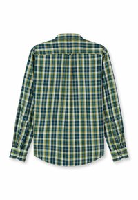 Langärmeliges Hemd mit grün-blauem Karomuster, mit Knopfverschluss und abgerundetem Saum. Hergestellt aus leichtem Stoff.