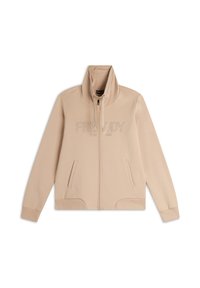 Giacca beige con zip e colletto alto, con la scritta "FREDDY" sul petto. Il materiale è liscio, presenta due tasche frontali e polsini aderenti.