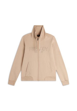 Giacca beige con zip e colletto alto, con la scritta "FREDDY" sul petto. Il materiale è liscio, presenta due tasche frontali e polsini aderenti.