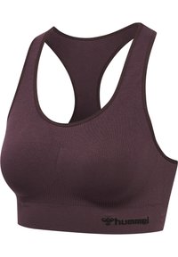 Fioletowy stanik sportowy z wycięciem na plecach, wykonany z gładkiego, elastycznego materiału. Posiada prążkowaną teksturę oraz czarne logo Hummel.