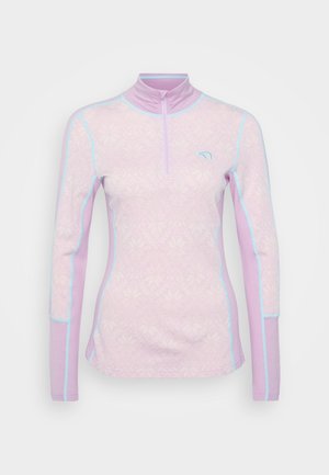 Light purple women's long-sleeve sports top with blue seam accents, a quarter zip collar, and subtle floral pattern throughout fabric.