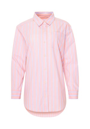 Langärmliges rosa Hemd mit vertikalen weißen und blauen Streifen, durchgehender Knopfleiste, Kragen, einer Brusttasche und abgerundetem Saum.