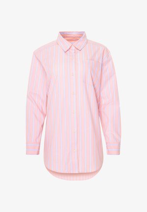 Long-sleeve pink shirt with vertical white and blue stripes, button-up front, collar, single chest pocket, and rounded hem.