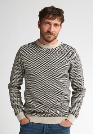 Hombre con barba que lleva un suéter con un patrón de zigzag en blanco y negro y jeans azules, de pie con las manos en los bolsillos frente a un fondo liso.