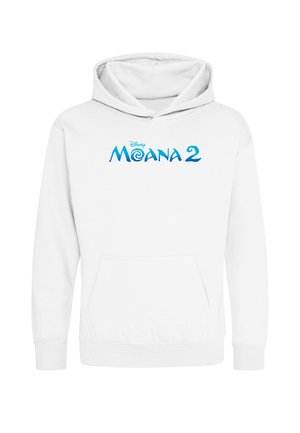 Hvid hættetrøje med forlommer og blå "Disney Moana 2"-logo printet på brystet.