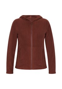 Felpa marrone con zip e cappuccio, maniche lunghe e due tasche frontali. Texture morbida, zip liscia e design semplice.