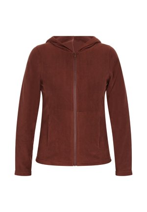 Felpa marrone con zip e cappuccio, maniche lunghe e due tasche frontali. Texture morbida, zip liscia e design semplice.