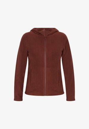 Brun fleece zip-up hoodie med hætte, lange ærmer og to frontlommer. Blød tekstur, glat lynlås og enkelt design.