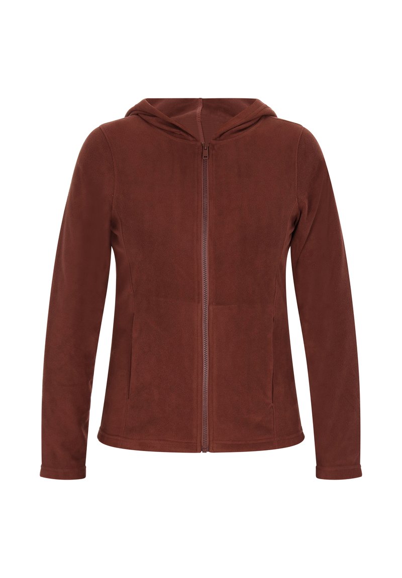 Felpa marrone con zip e cappuccio, maniche lunghe e due tasche frontali. Texture morbida, zip liscia e design semplice.