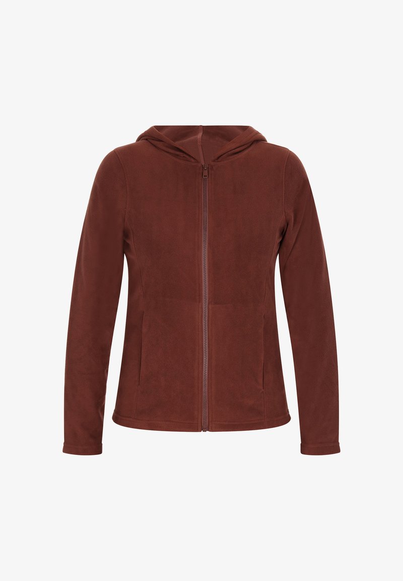 Brown fleece zip-up hoodie with a hood, long sleeves, and two front pockets. Soft texture, smooth zipper, and simple design.