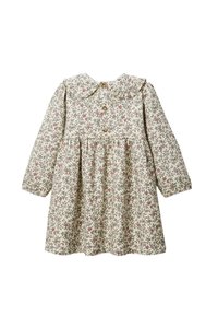 Robe à imprimé floral avec manches longues, col rond et fermeture à boutons. Fond crème clair avec des feuilles et des fleurs vertes et roses.