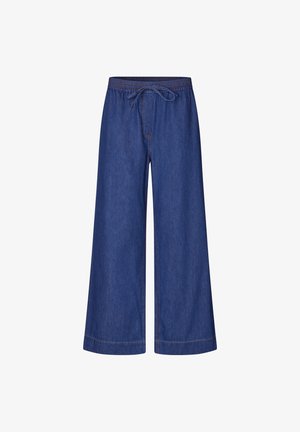 Pantalons en denim bleu à jambes larges avec taille élastique et lien de serrage, décorés de détails de couture orange.