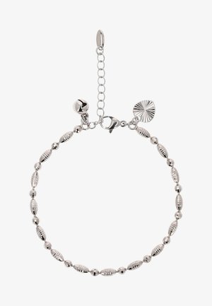 Hopeinen helmikorurannekoru, jossa vuorottelevat ovaalit ja pyöreät tekstuurilliset helmet, säädettävä lukko, pieni kello ja pyöreä, viuhkamainen koriste.