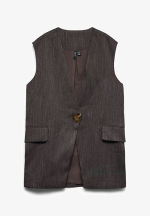 Gilet senza maniche di colore marrone scuro con righe verticali, chiusura a un solo bottone e due tasche frontali; texture liscia e design su misura.