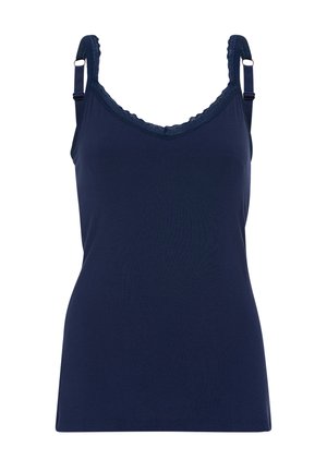 Navy blauwe tanktop met decoratieve kantafwerking langs de V-hals en verstelbare schouderbanden. Gemaakt van een zachte, rekbare stof.