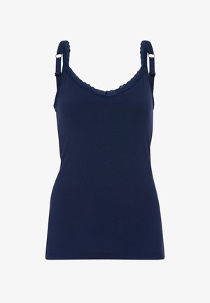 Granatowy top na ramiączkach z dekoracyjną koronką wzdłuż dekoltu w kształcie litery V oraz regulowanymi ramiączkami. Wykonany z miękkiego, elastycznego materiału.