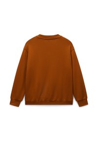 Καφέ φούτερ με στρογγυλή λαιμόκοψη, μακριά μανίκια και ριμπ μανσέτες. Ομαλή υφή, φαρδιά εφαρμογή και χωρίς εμφανή λογότυπα ή σχέδια.