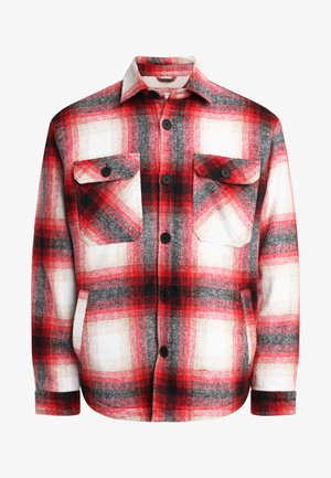 Rode en zwarte geruite flanellen shirt met twee voorzakken, knoopsluitingen en een klassiek kraagontwerp. Gelaagd stof met een geweven patroon.