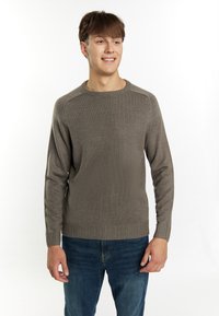 Maglione a maglia marrone chiaro con scollo a girocollo e polsini e orlo a coste, abbinato a jeans blu.