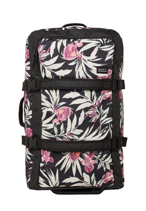 Koffer mit Rollen vor schwarzem Hintergrund, mit rosa-weißem Blumenmuster, horizontalen Kompressionsriemen und Roxy-Markenlabel auf der Vordertasche.
