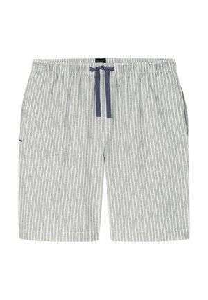 Pantaloncini a righe verticali grigie e bianche con vita elastica e coulisse blu navy sul davanti, posizionati al centro su sfondo bianco.