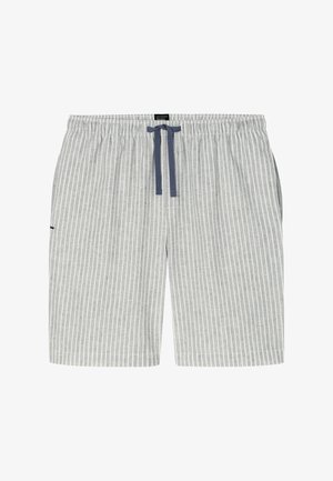 Pantaloncini a righe verticali grigie e bianche con vita elastica e coulisse blu navy sul davanti, posizionati al centro su sfondo bianco.