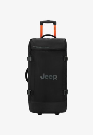 Zaino con ruote nere e maniglia arancione, dotato di fibbie laterali, un tessuto testurizzato e il logo "Jeep" con il testo "OFF THE BEATEN PATH".