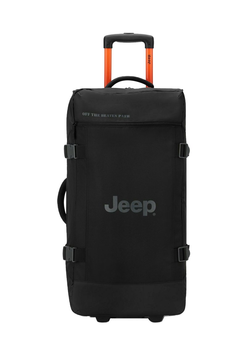 Zaino con ruote nere e maniglia arancione, dotato di fibbie laterali, un tessuto testurizzato e il logo "Jeep" con il testo "OFF THE BEATEN PATH".