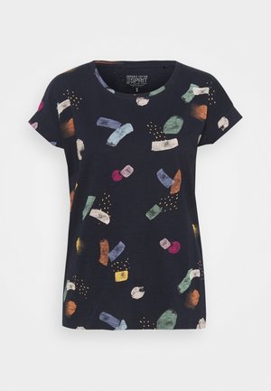 Sort bomuld t-shirt med korte ærmer med farverige abstrakte penselstrøg og prikmønstre spredt ud over stoffet.
