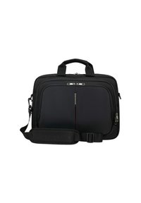 Borsa per laptop nera rettangolare con tasca frontale con zip, maniglie doppie e tracolla regolabile con imbottitura su sfondo bianco.