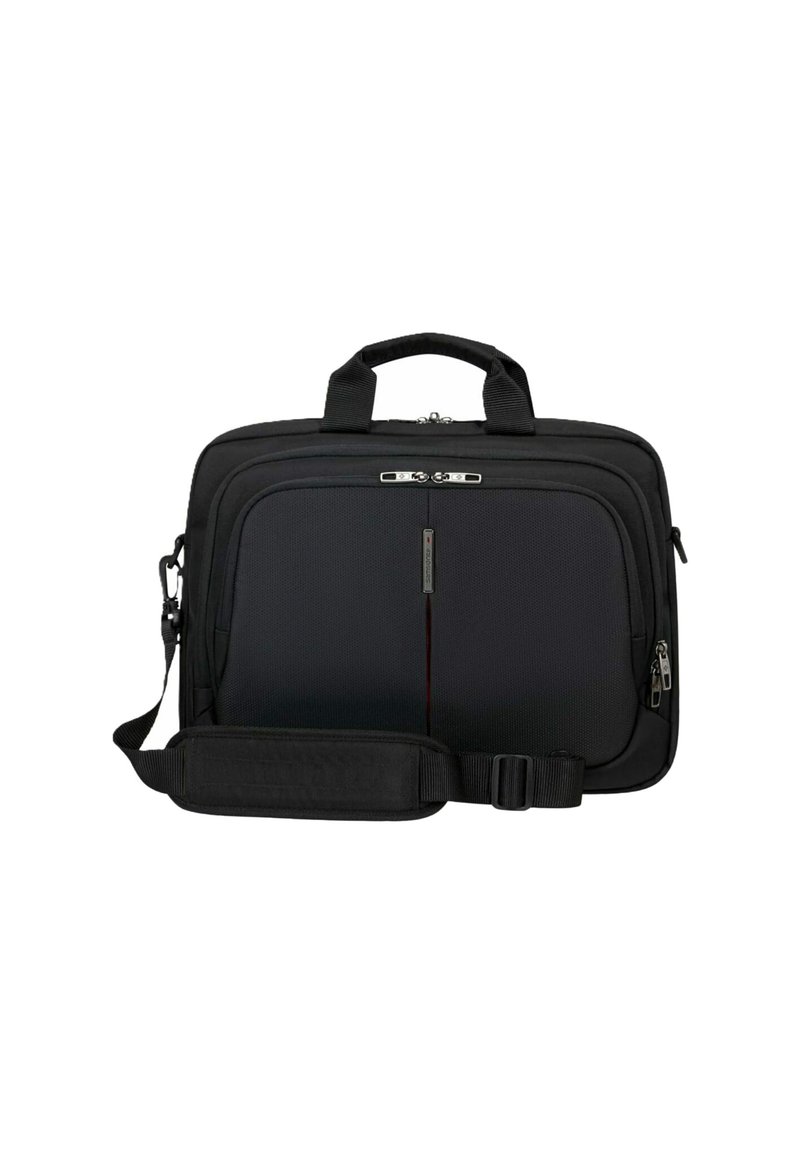 Borsa per laptop nera rettangolare con tasca frontale con zip, maniglie doppie e tracolla regolabile con imbottitura su sfondo bianco.