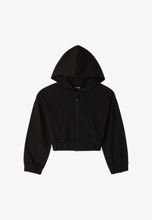 Felpa nera corta con zip frontale e tasca a marsupio, dotata di cappuccio regolabile e polsini a costine per un look aderente.
