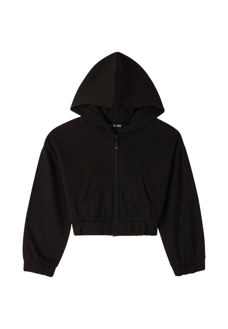 Felpa nera corta con zip frontale e tasca a marsupio, dotata di cappuccio regolabile e polsini a costine per un look aderente.