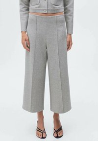 Pantalons larges gris en tissu doux, avec des plis cousus sur le devant, une taille mi-haute et une coupe décontractée.