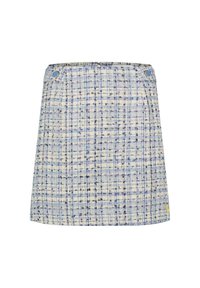 Geweven tweed rok in crèmekleurige en blauwe tinten, met een geruit patroon en gouden hardwareaccenten op de tailleband.