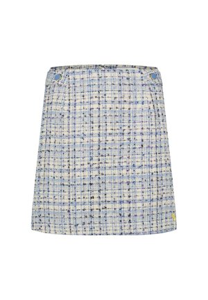 Geweven tweed rok in crèmekleurige en blauwe tinten, met een geruit patroon en gouden hardwareaccenten op de tailleband.
