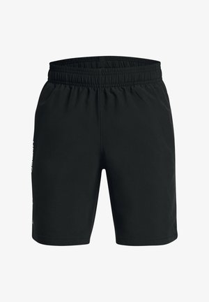 Black athletic shorts with elastic waistband, made of lightweight fabric. Features a logo on the left side and a smooth texture.