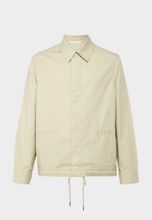 Helle Beige, langärmlige Jacke mit einem Kragen, vorderem Knopfverschluss und zwei seitlichen Taschen. Kordelzugsaum für eine verstellbare Passform.