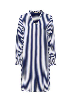 Vestido a rayas en azul y blanco con cuello volante, mangas tres cuartos y puños fruncidos para un ajuste relajado.