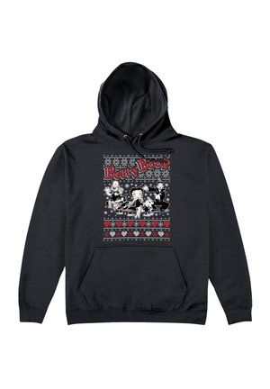 Czarna bluza z kapturem z graficznym nadrukiem Betty Boop i postaciami z kreskówek; wzór zawiera czerwone, szare i białe motywy w świątecznym stylu.