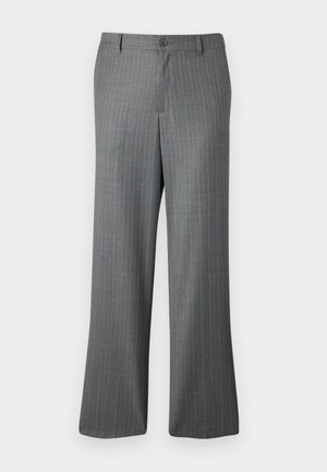 Gray pinstripe trousers with a relaxed fit, featuring a button closure, belt loops, and subtle light blue stripes throughout.