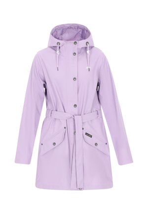 Lila waterdichte regenjas met een capuchon, drukknoopsluiting, verstelbare trekkoorden, een ceintuur in de taille en twee voorzakken met flapsluiting.