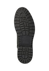 Semelle de chaussure en caoutchouc noir avec une texture antidérapante, présentant des motifs de profondes rainures et crêtes pour une meilleure adhérence, taille marquée comme 42.