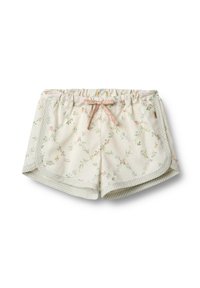 Shorts en tissu crème à motifs floraux avec une taille à cordon de serrage. Présente des motifs floraux roses et verts, ainsi que des accents rayés à l'ourlet.