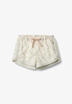 Shorts en tissu crème à motifs floraux avec une taille à cordon de serrage. Présente des motifs floraux roses et verts, ainsi que des accents rayés à l'ourlet.